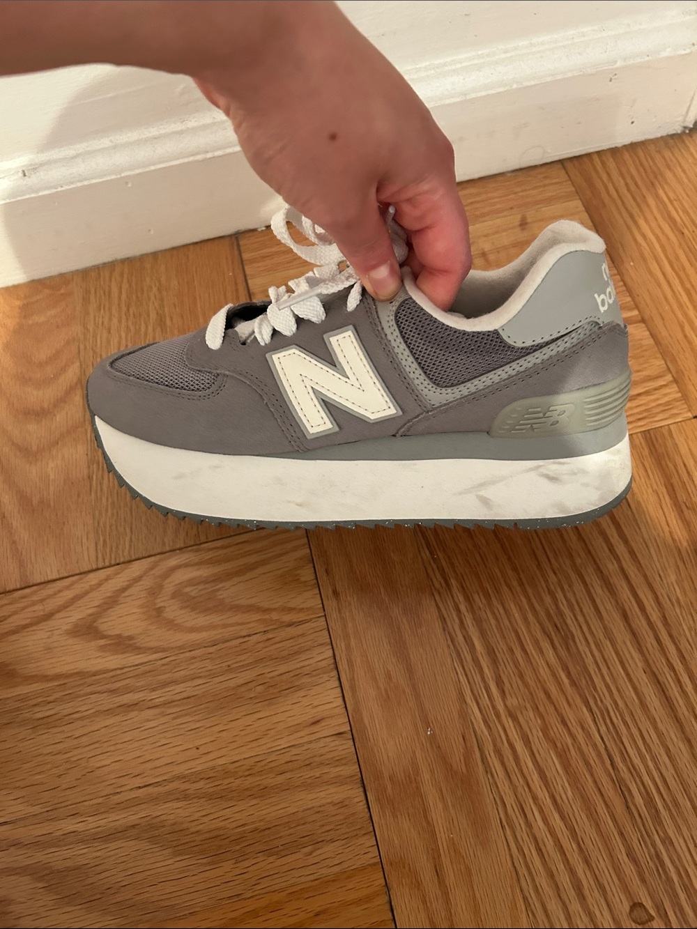 New Balance Gray and White Platform Sneakers - Picture 13 of 15